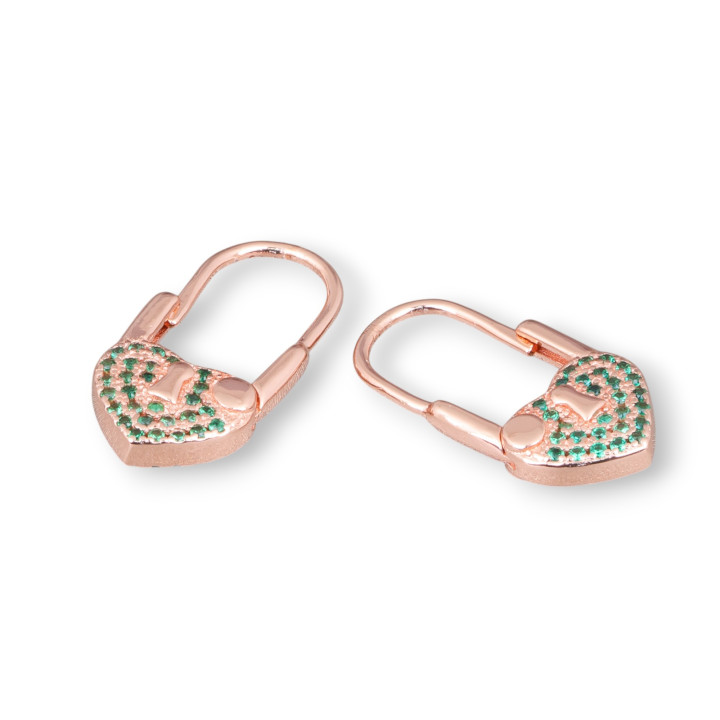 Orecchini Monachella Chiusa Di Argento 925 Con Zirconi Micropave' Con Cuore 10x21mm 2 Paia Oro Rosa Verde