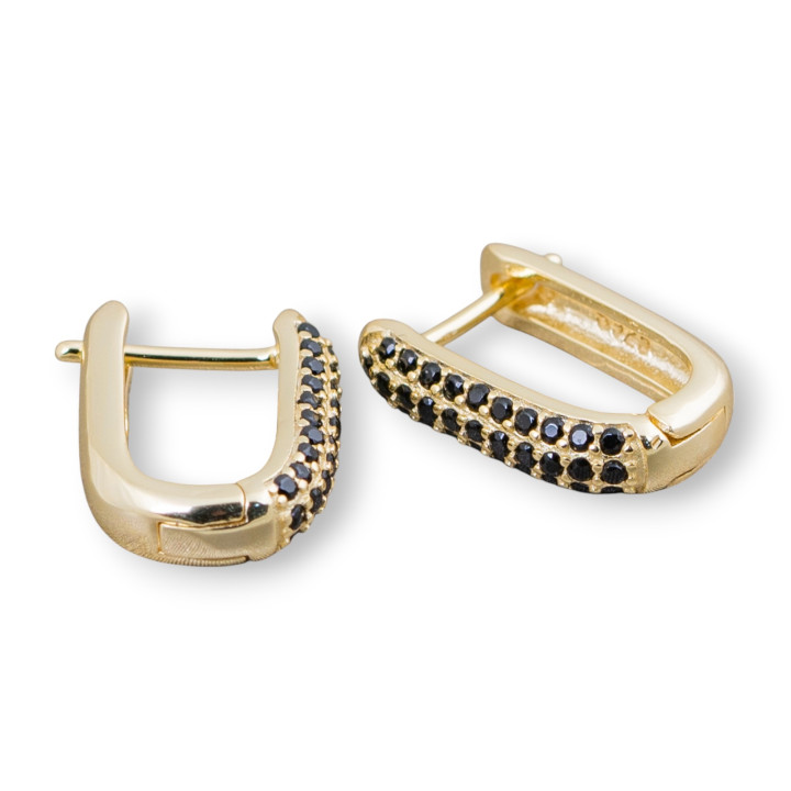 Closed Stud Earrings Of 925 Silver With Micropave' Zircons 11x15mm 2 Pairs Golden Black