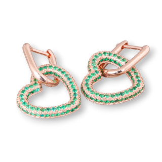Orecchini Perno Chiuso Di Argento 925 Con Zirconi Micropave' Cuore 17x27mm 1 Paio Oro Rosa Verde