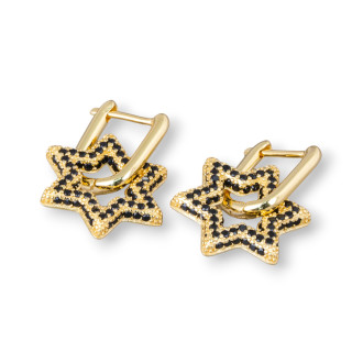 Boucles d'Oreilles Clous Fermées en Argent 925 Avec Étoile de Zircons Micropave 15,5x25mm 1 Paire Doré Noir