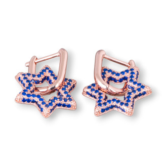 Pendientes De Botón Cerrados De Plata De Ley 925 Con Estrella De Circonitas Micropave 15,5x25mm 1 Par Oro Rosa Azul
