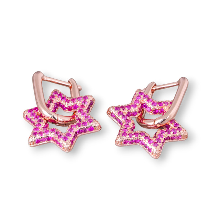 Aretes Cerrados De Plata De Ley 925 Con Estrella De Circonitas Micropave 15,5x25mm 1 Par Oro Rosa Rojo