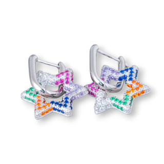 Closed Stud Earrings Of 925 Silver With Zircons Micropave' Star 15.5x25mm 1 Pair Rhodium Plated Multicolor