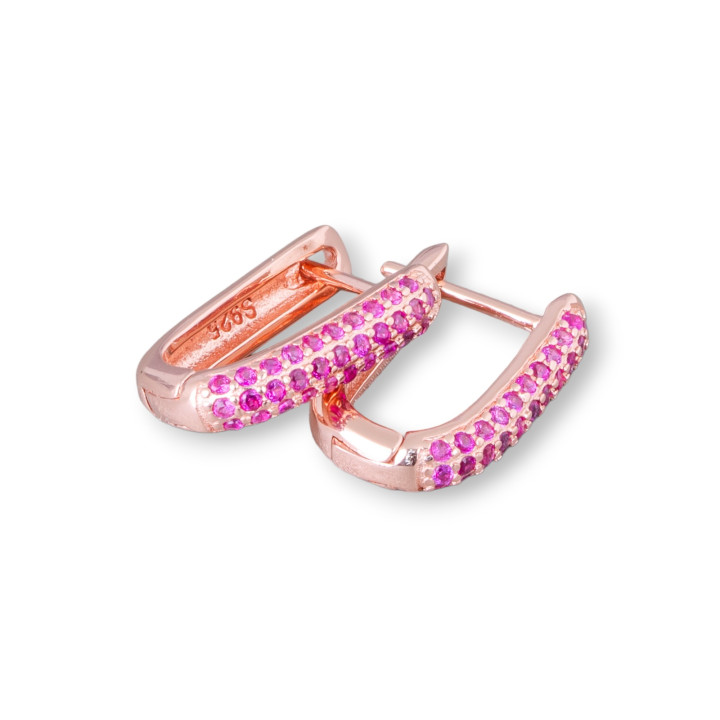 Orecchini Perno Chiuso Di Argento 925 Con Zirconi Micropave' 11x15mm 2 Paia Oro Rosa Rosso
