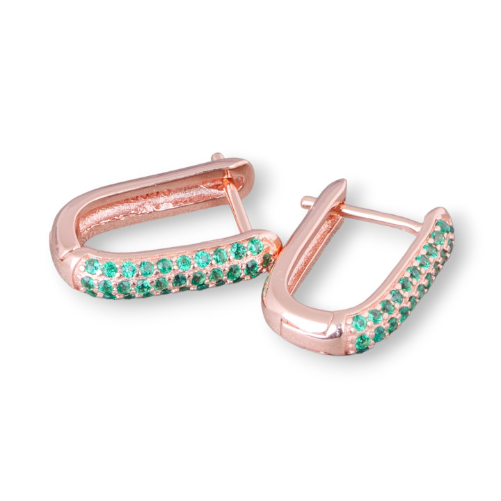 Orecchini Perno Chiuso Di Argento 925 Con Zirconi Micropave' 11x15mm 2 Paia Oro Rosa Verde