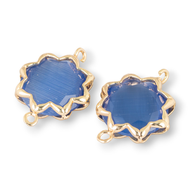 Brass Component Connector with Cat's Eye Morning Star 16mm 8pcs Blue