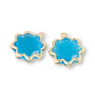 Componente Pendente Cabochon Incastonato Di Occhio Di Gatto 16mm Con 1 Anellino 8pz Celeste