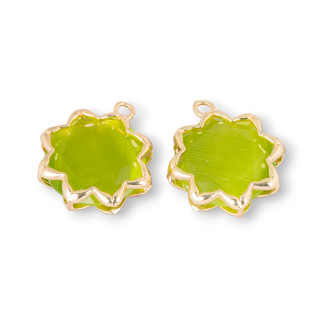 16mm Cat's Eye Cabochon Pendant Component Set with 1 Ring 8pcs Acid Green