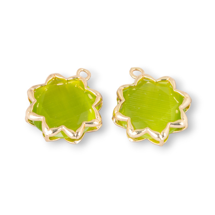 16mm Cat's Eye Cabochon Pendant Component Set with 1 Ring 8pcs Acid Green