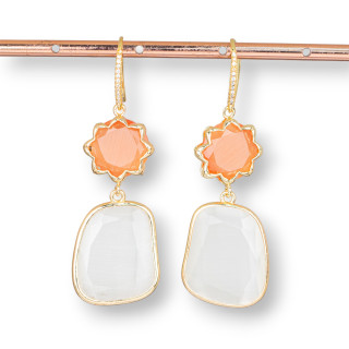 Aretes De Bronce Con Ojo De Gato 20x62mm Colgantes Naranja Blanco