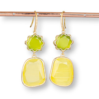 Boucles D'Oreilles Tiges Bronze Pendentifs Oeil De Chat 20x62 mm Vert Jaune