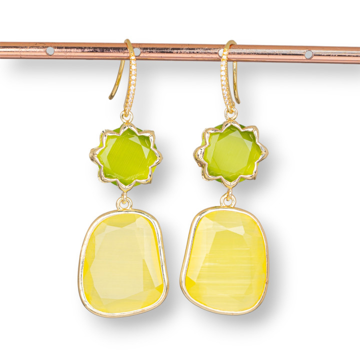 Aretes De Bronce Con Colgantes Ojo De Gato 20x62mm Amarillo Verde