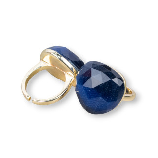 Bague Bronze Oeil de Chat Coeur Facette 23mm Taille Ajustable Saphir Bleu