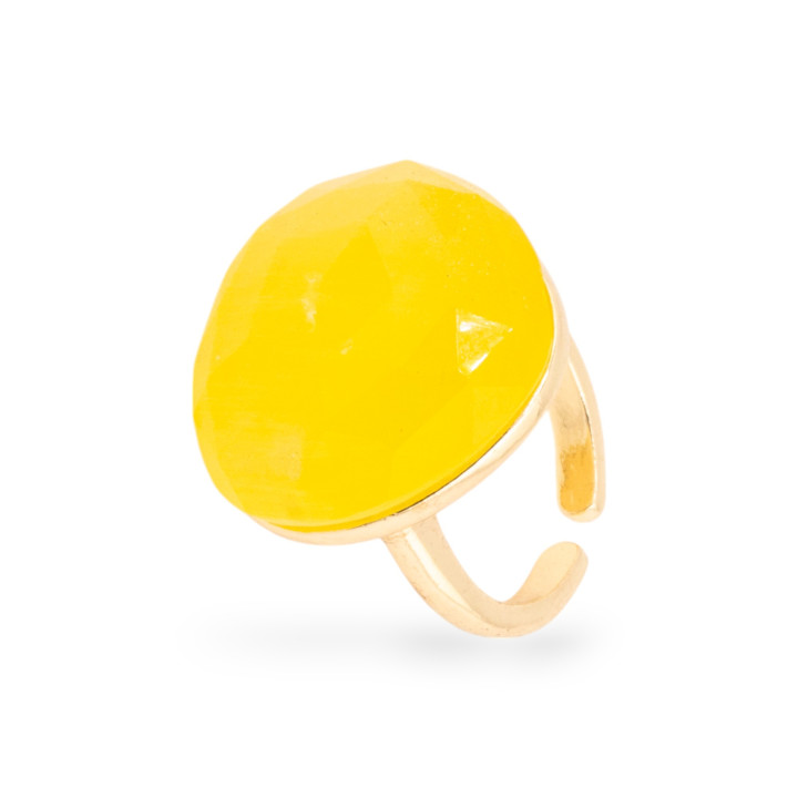 Anello Regolabile in Bronzo Dorato Collezione ELEN con Occhio Di Gatto Cuore Sfaccettato 23mm  Giallo | Gioiello Artigianale Do