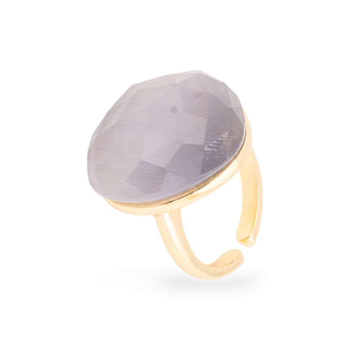 Anillo Bronce Ojo De Gato Corazón Facetado 23mm Talla Ajustable Gris