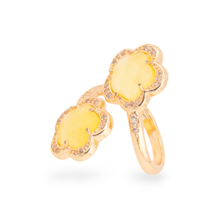 Bronze Ring With Cat's Eye Double Faceted Flower 15mm Adjustable Size Yellow