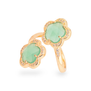 Bronze Ring With Cat's Eye Double Faceted Flower 15mm Adjustable Size Light Green