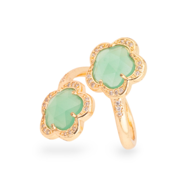 Anello Di Bronzo Con Occhio Di Gatto Doppio Fiore Sfaccettato 15mm Misura Regolabile Verde Chiaro