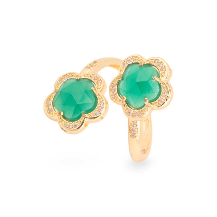 Anello Di Bronzo Con Occhio Di Gatto Doppio Fiore Sfaccettato 15mm Misura Regolabile Verde Smeraldo