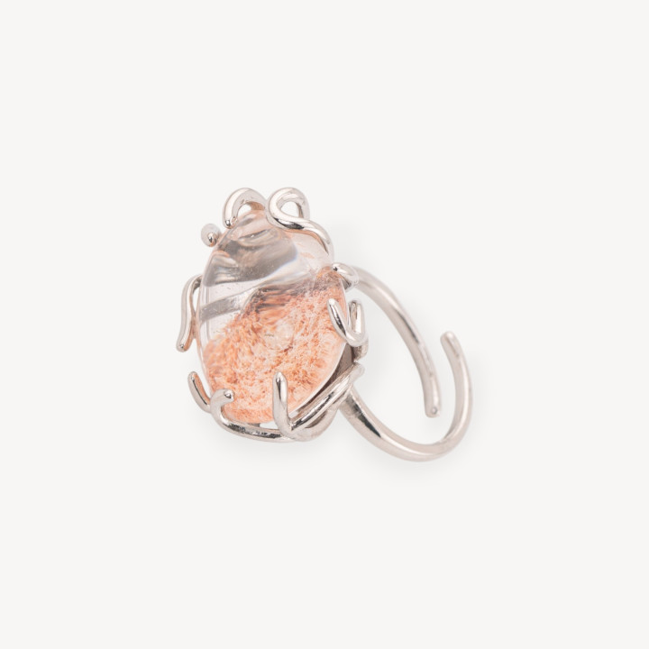 Bronze Ring With Dendritic Quartz Adjustable Size 20-34mm Rhodium Plated