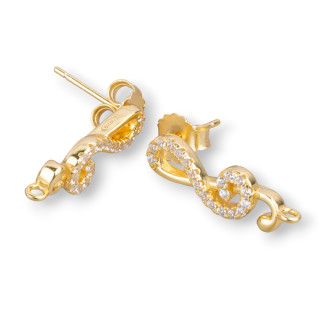 Base For Earrings Of 925 Silver Stud With Zircons Treble Clef 6.5x18mm 2 Pairs Golden