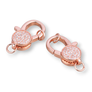 Chiusura Di Argento 925 Con Zirconi Micropave' 13x18mm Gancio Moschettone 2pz Oro Rosa