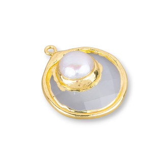 Cat's Eye Pendant Component With Gold Plated River Pearls 28mm 2pcs Light Gray