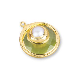 Cat's Eye Pendant Component With Gold Plated River Pearls 28mm 2pcs Acid Green