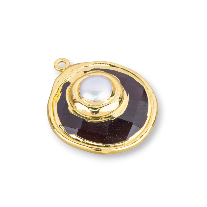 Componente Colgante Ojo De Gato Con Perlas De Río Chapado En Oro 28mm 2 Piezas Borgoña Oscuro