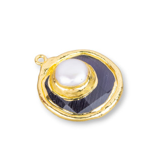 Cat's Eye Pendant Component With Gold Plated River Pearls 28mm 2pcs Dark Purple