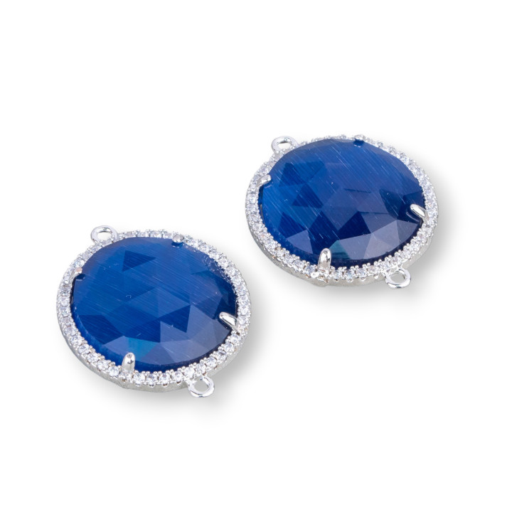 Connettore Componente Di Ottone Con Occhio Di Gatto Incastonati e Zirconi 20mm 6pz Rodiato Blu