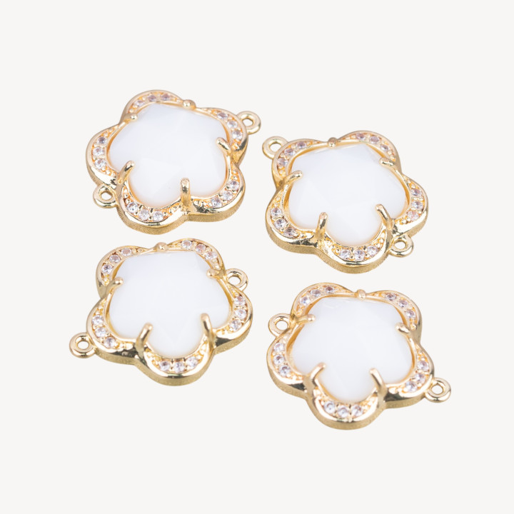 Verbindungsstück aus Messing mit eingebetteter Blume in Katzenauge, 5 Blütenblätter, 14 mm, 8 Stück, mit 2 Ringen aus weißem Ach