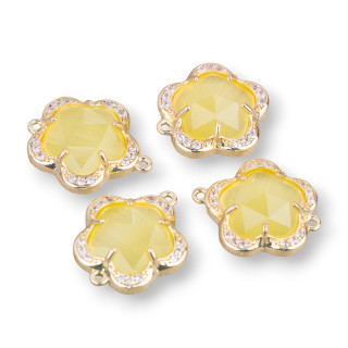 Connettore Componente Di Ottone Con Occhio Di Gatto Incastonato Fiore 5 Petali 14mm 8pz Con 2 Anellini Giallo