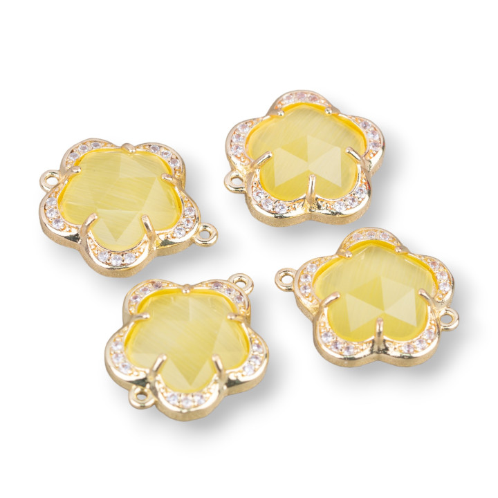 Brass Component Connector with Cat's Eye Embedded Flower 5 Petals 14mm 8pcs with 2 Yellow Rings