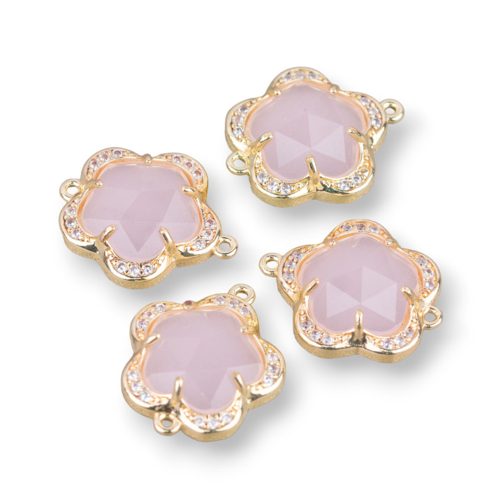 Conector de componente de latón con flor incrustada de ojo de gato 5 pétalos 14 mm 8 piezas con 2 anillos rosas