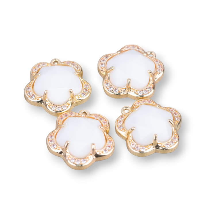 Oeil de chat en laiton pendentif composant ensemble fleur 5 pétales 14mm 8 pièces avec 1 anneau d'agate blanche