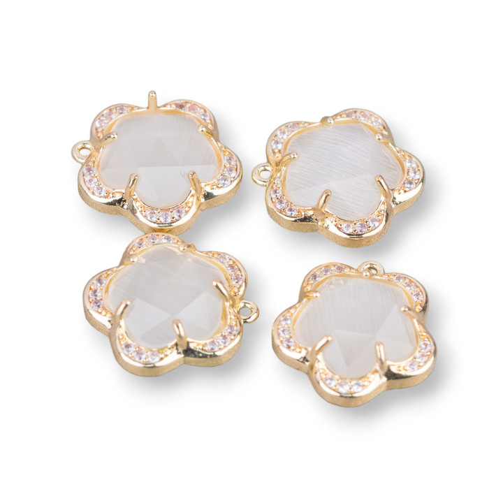 Conjunto de componentes colgantes de latón ojo de gato Flor 5 pétalos 14 mm 8 piezas con 1 anillo blanco transparente