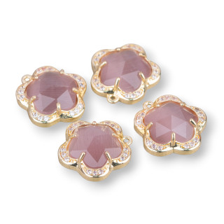 Componente Pendente Di Ottone Con Occhio Di Gatto Incastonati Fiore 5 Petali 14mm 8pz Con 1 Anellino Cipria