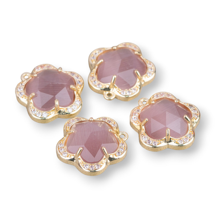 Composant pendentif en laiton avec oeil de chat fleur 5 pétales 14mm 8 pièces avec 1 anneau en poudre