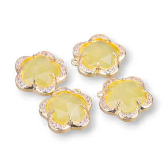 Cat Eye Laiton Pendentif Composant Ensemble Fleur 5 Pétales 14mm 8pcs Avec 1 Anneau Jaune