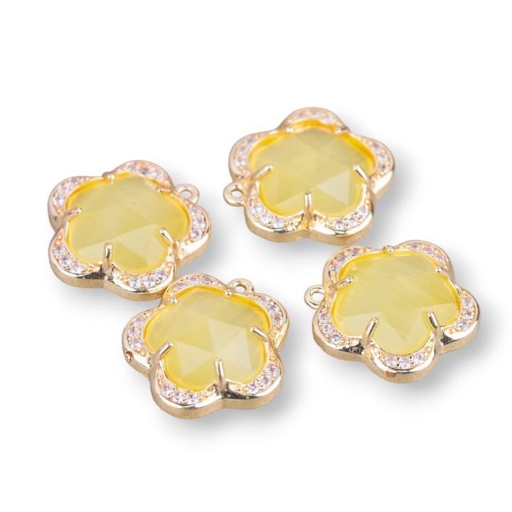 Cat Eye Laiton Pendentif Composant Ensemble Fleur 5 Pétales 14mm 8pcs Avec 1 Anneau Jaune