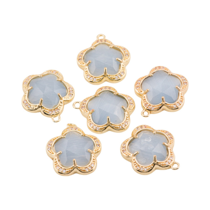 Brass Pendant Component with Cat's Eye Set with Flower 5 Petals 14mm 8pcs with 1 Gray Ring