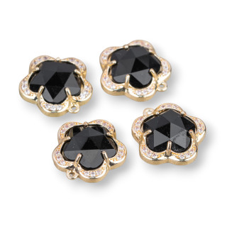 Componente Pendente Di Ottone Con Occhio Di Gatto Incastonati Fiore 5 Petali 14mm 8pz Con 1 Anellino Nero