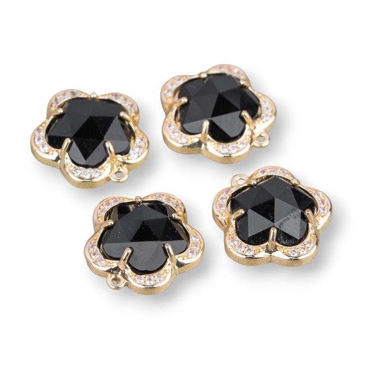 Brass Pendant Component With Cat's Eye Set Flower 5 Petals 14mm 8pcs With 1 Black Ring