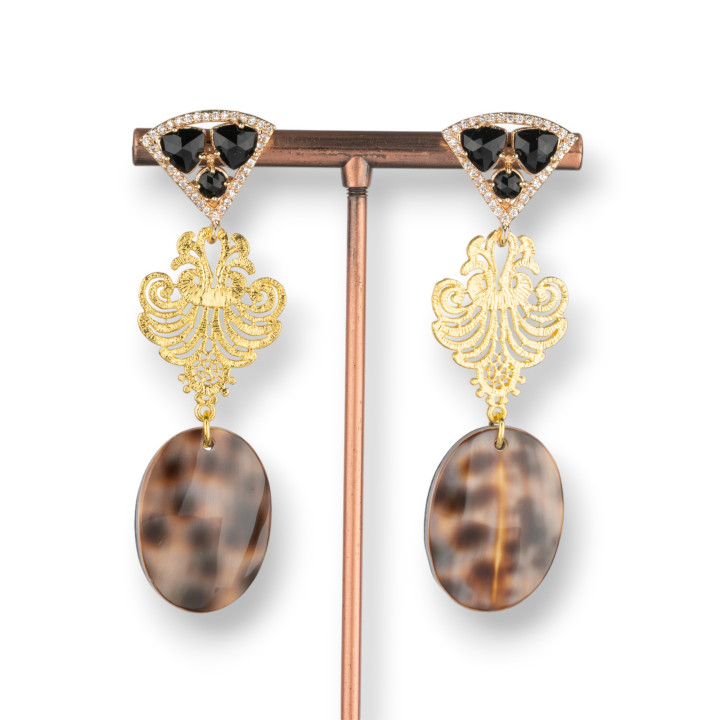 Bronze Stud Earrings With Crystals And Mother Of Pearl 20x66mm Black