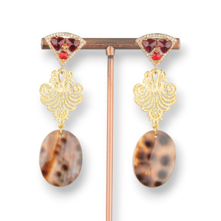 Boucles D'oreilles Tiges En Bronze Avec Cristaux Et Nacre 20x66mm Rouge