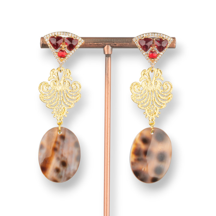 Bronze Stud Earrings With Crystals And Mother Of Pearl 20x66mm Red