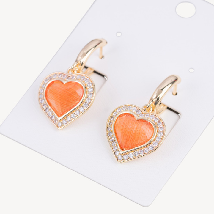 Bronze Closed Stud Earrings With Zircons And Cat's Eye Heart 18x33mm Orange