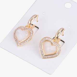 Orecchini Perno Chiuso Di Bronzo Con Zirconi E Occhio Di Gatto Cuore 18x33mm Dorato Bianco Trasparente