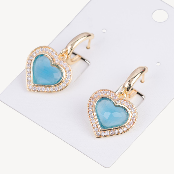 Orecchini Perno Chiuso Di Bronzo Con Zirconi E Occhio Di Gatto Cuore 18x33mm Dorato Celeste
